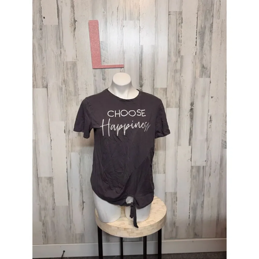 Sweet Soul “Choose Happiness” Graphic Tee Gray Tie-Front Shirt Size Large
